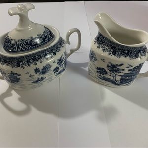 Gracie Bone China by True Blue Sugar bowl with lid and creamer set